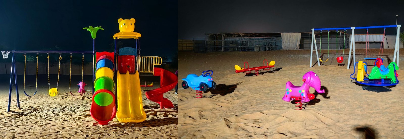 Case study of a complete outdoor playground installed on sandy terrain, featuring a bear-themed slide, swings, and spring riders.